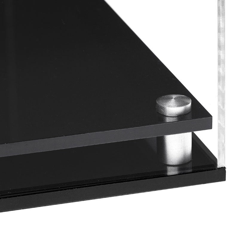 Close-up view of the corner of a black acrylic modern base, showing the stainless steel corner support and the 3mm thick acrylic cover.