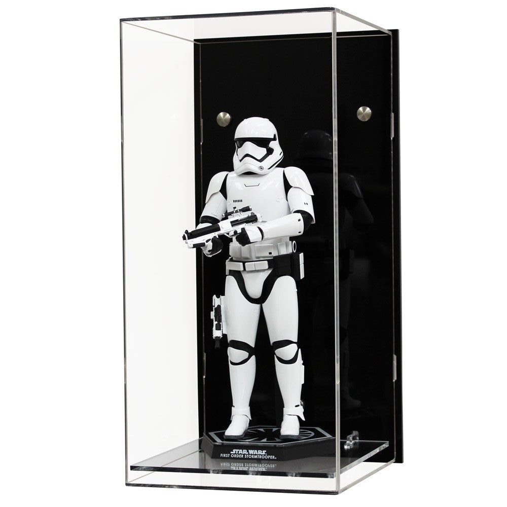 Image of a Wall Display Case with black back panel and a clear acrylic cover. It contains a white 1/6 scale Storm Trooper on a plinth.