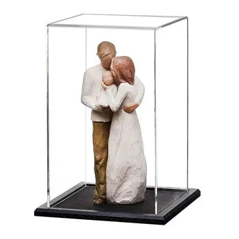 Clear Acrylic Display Cover on a Black Wooden Base with a white background, There is a figurine inside the display case.