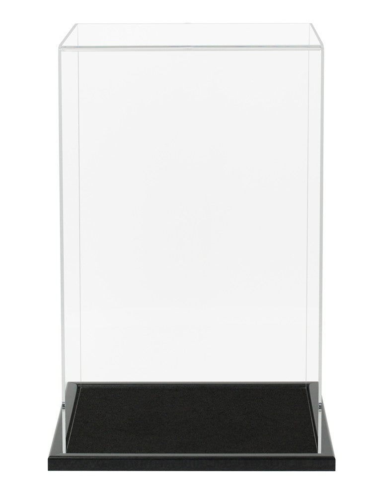 Clear Acrylic Display Cover on a Black Wooden Base with a white background.