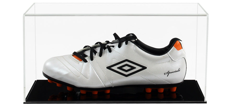 Clear Acrylic Display Cover on a Black plain acrylic base with a white background, There is a white football boot displayed inside the display case.