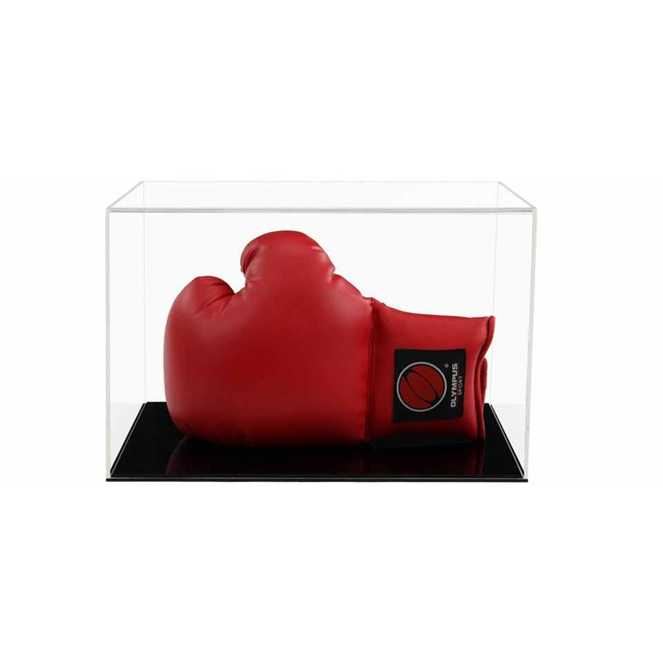 Clear Acrylic Display Cover on a Black plain acrylic base with a white background, There is a red boxing glove displayed inside the display case.