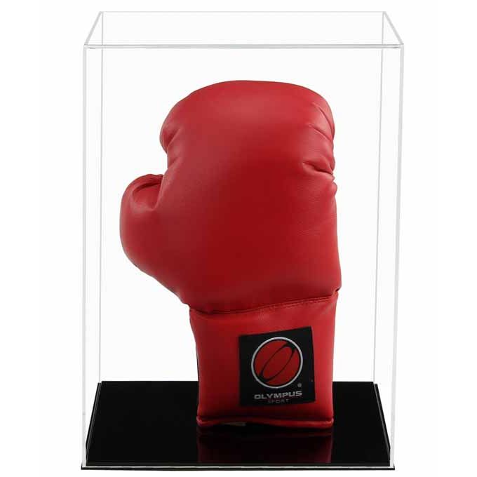 Clear Acrylic Display Cover on a Black plain acrylic base with a white background, There is a red boxing glove displayed vertically inside the display case.