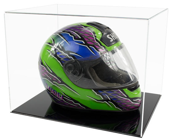 Clear Acrylic Display Cover on a Black plain acrylic base with a white background, There is a green Motorbike  helmet displayed inside the display case.