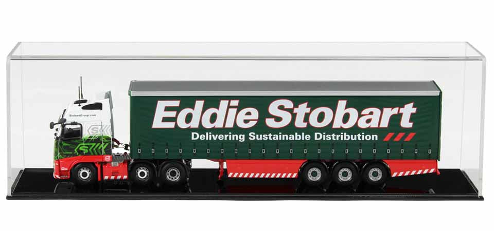 Clear Acrylic Display Cover on a Black plain acrylic base with a white background, There is a green model truck displayed inside the display case.