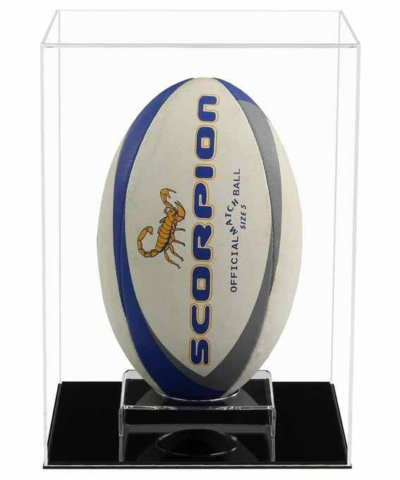 Clear Acrylic Display Cover on a Black plain acrylic base with a white background, There is a White rugby ball displayed inside the display case.