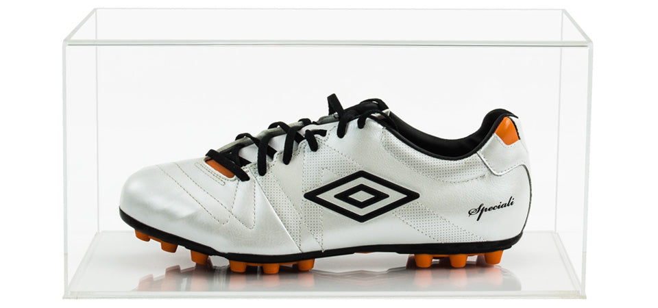 Clear Acrylic Display Cover on a clear plain acrylic base with a white background, There is a white football boot displayed inside the display case.