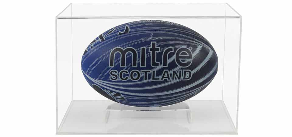 Clear Acrylic Display Cover on a clear plain acrylic base with a white background, There is a blue rugby ball displayed inside the display case.