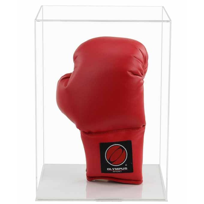 Clear Acrylic Display Cover on a clear plain acrylic base with a white background, There is a red boxing glove displayed vertically inside the display case.