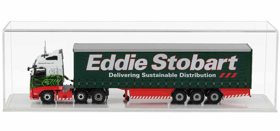 Clear Acrylic Display Cover on a clear plain acrylic base with a white background, There is a green model truck displayed inside the display case.