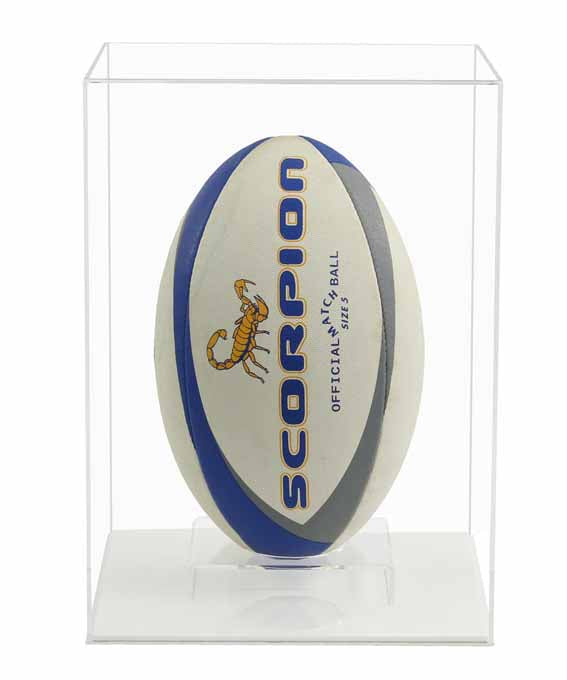 Clear Acrylic Display Cover on a white plain acrylic base with a white background, There is a White rugby ball displayed inside the display case.