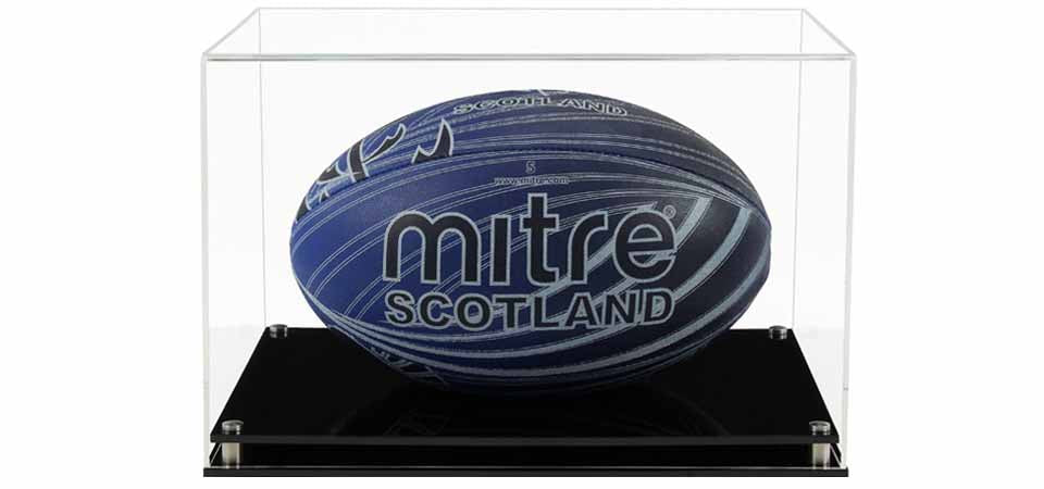Clear Acrylic Display Cover on a Black Modern Acrylic base with a white background, There is a blue rugby ball  inside the display case.