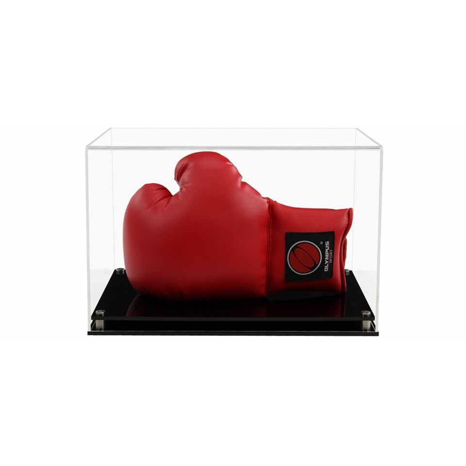 Clear Acrylic Display Cover on a Black Modern Acrylic base with a white background, There is a red boxing glove displayed inside the display case.