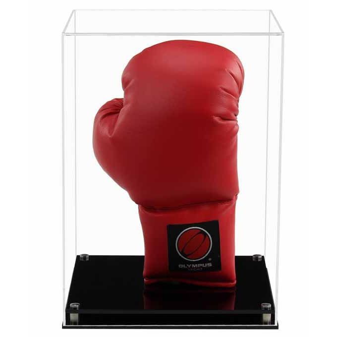Clear Acrylic Display Cover on a Black Modern Acrylic base with a white background, There is a red boxing glove displayed vertically  inside the display case.