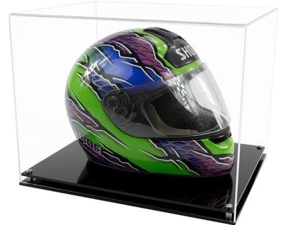 Clear Acrylic Display Cover on a Black Modern Acrylic base with a white background, There is a green motorbike crash helmet displayed inside the display case.