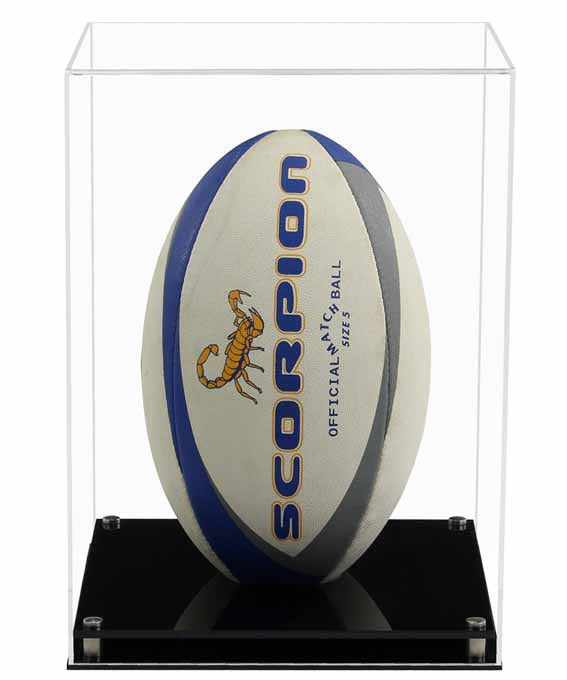 Clear Acrylic Display Cover on a Black Modern Acrylic base with a white background, There is a blue/white rugby ball  inside the display case.