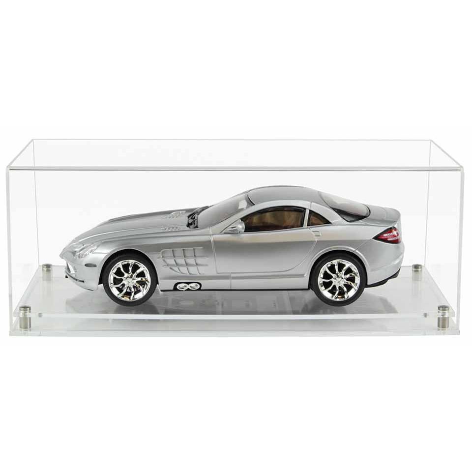 Clear Acrylic Display Cover on a Clear Modern Acrylic base with a white background, There is a silver 1:12 scale model car inside the display case.