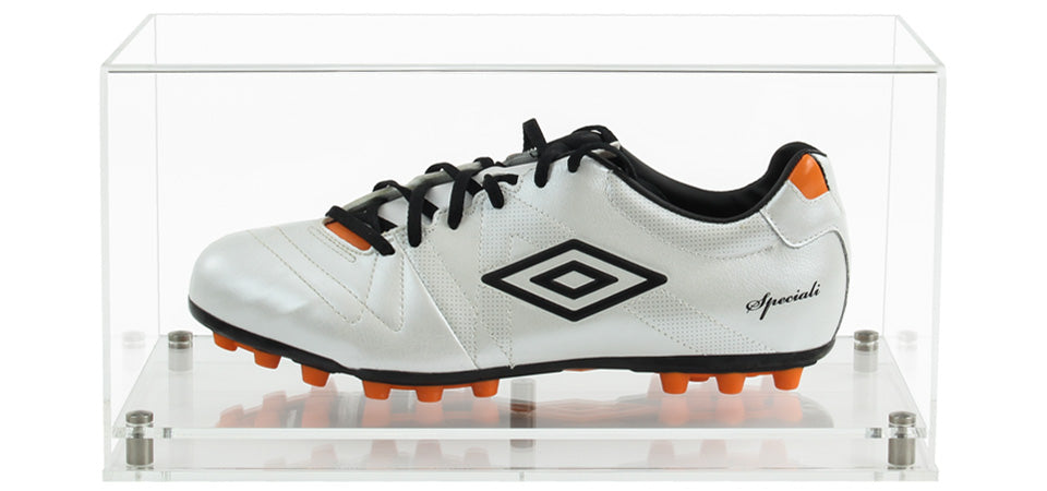 Clear Acrylic Display Cover on a clear Modern Acrylic base with a white background, There is a white football boot inside the display case.