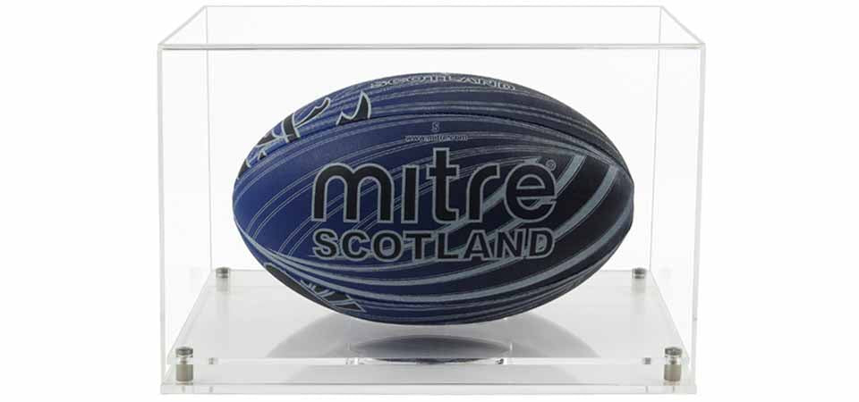 Clear Acrylic Display Cover on a clear Modern Acrylic base with a white background, There is a blue rugby ball  inside the display case.