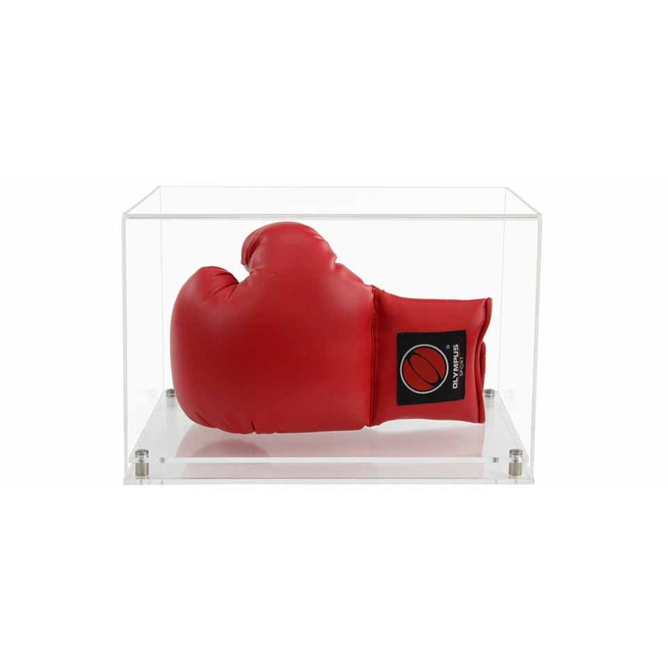 Clear Acrylic Display Cover on a clear Modern Acrylic base with a white background, There is a red boxing glove displayed inside the display case.