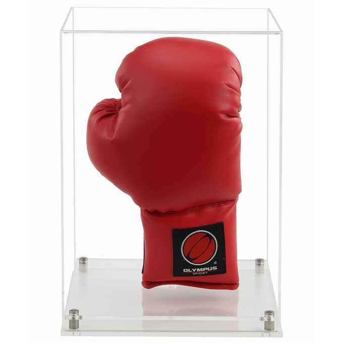 Clear Acrylic Display Cover on a clear Modern Acrylic base with a white background, There is a red boxing glove displayed vertically  inside the display case.