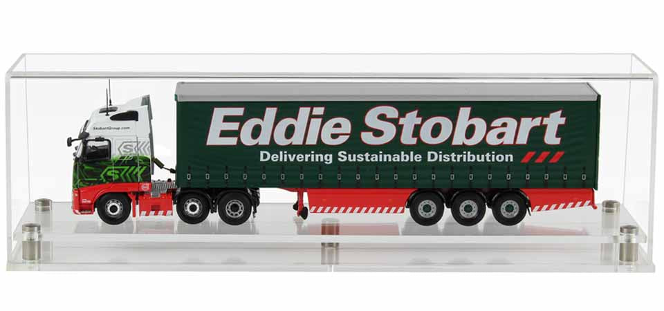 Clear Acrylic Display Cover on a clear Modern Acrylic base with a white background, There is a green 1:50 scale model truck displayed inside the display case.