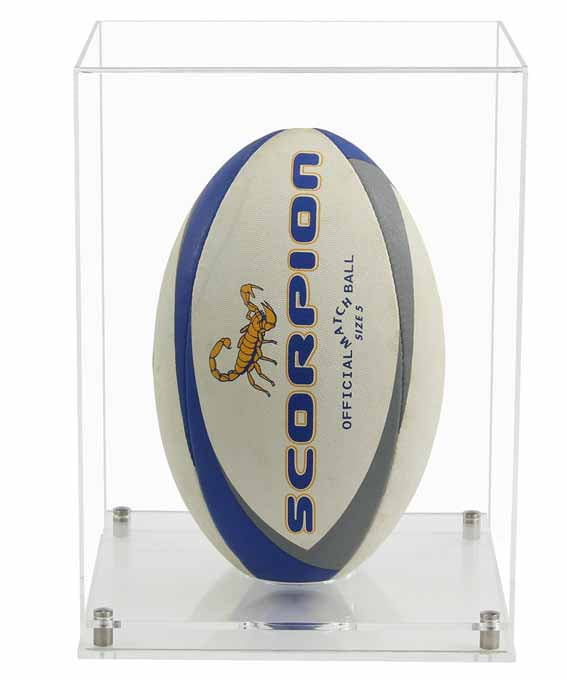 Clear Acrylic Display Cover on a clear Modern Acrylic base with a white background, There is a blue/white rugby ball  inside the display case.