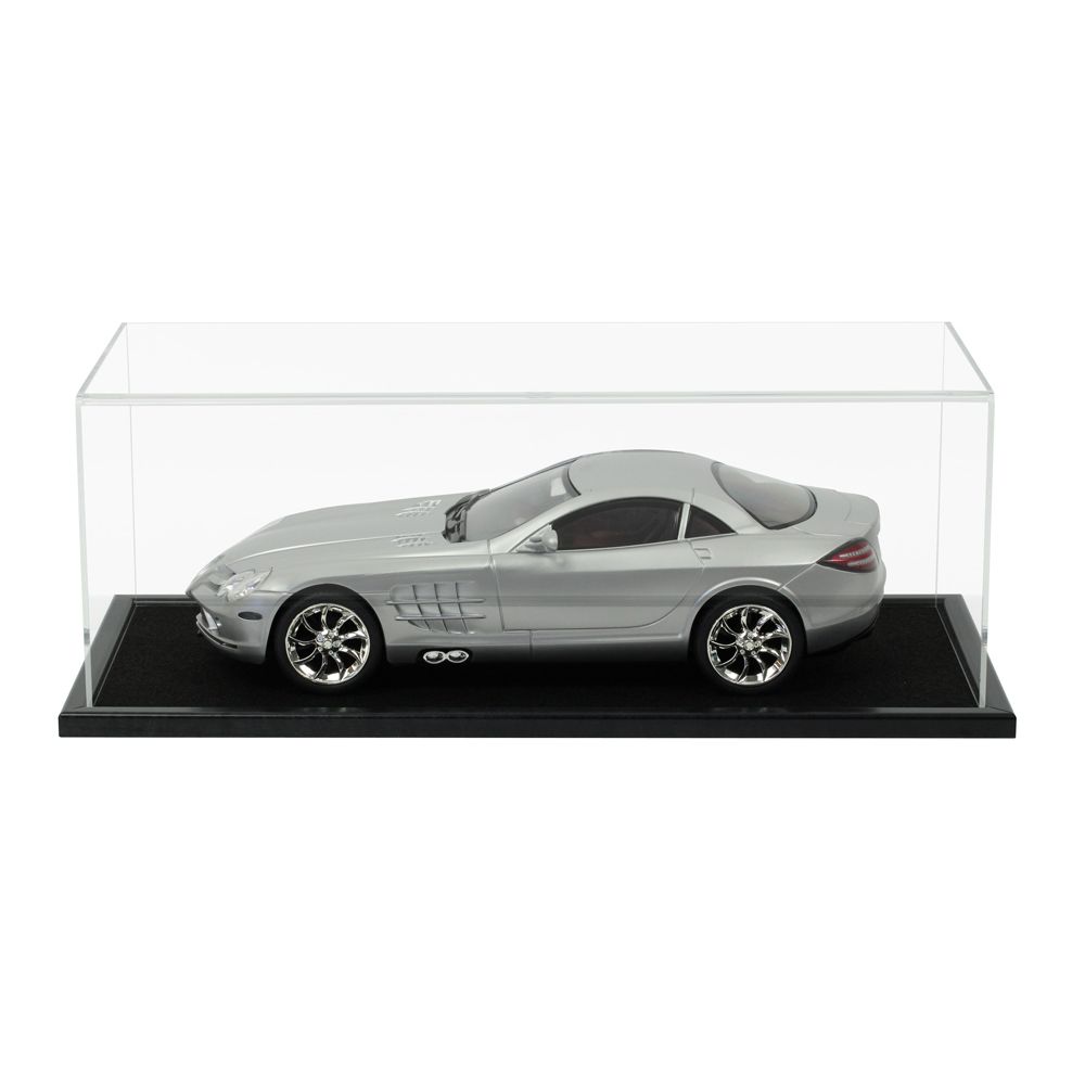 Clear Acrylic Display Cover on a Black Wooden Base with a white background, There is a silver 1:12scale model car inside the display case.