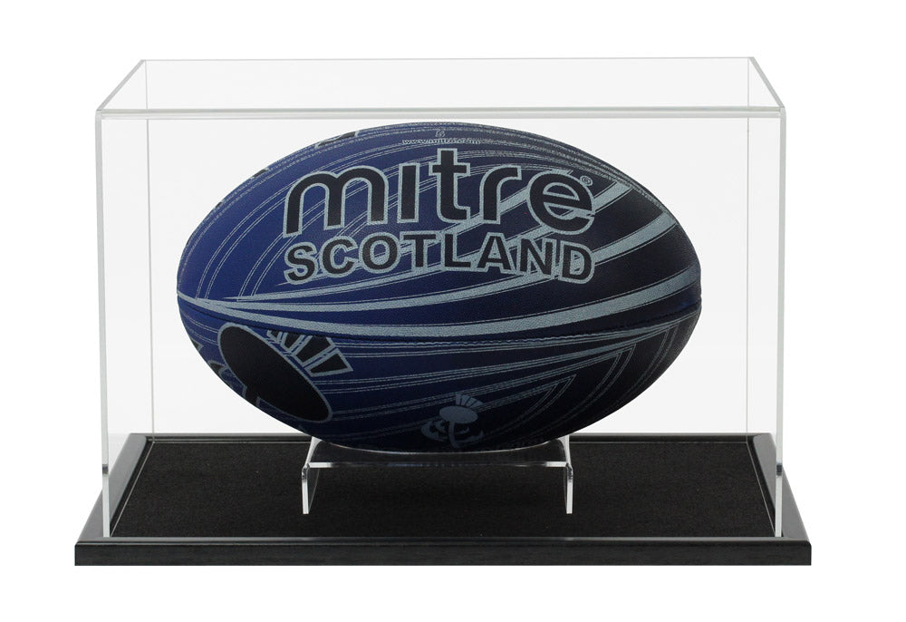 Clear Acrylic Display Cover on a Black Wooden Base with a white background, There is a blue rugby ball inside the display case on an acrylic rugby ball stand.