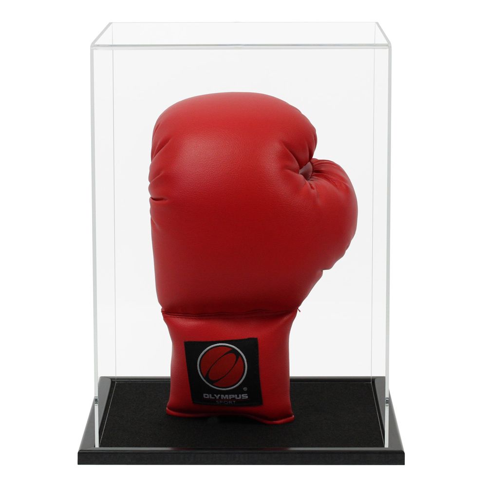 Clear Acrylic Display Cover on a Black Wooden Base with a white background, There is a red boxing glove inside the display case.