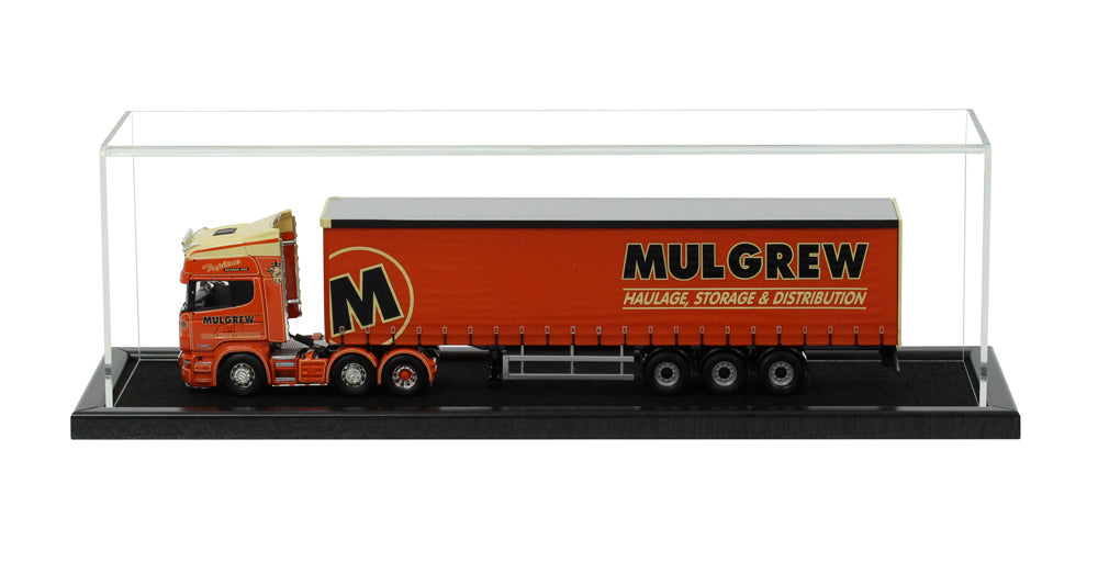 Clear Acrylic Display Cover on a Black Wooden Base with a white background, There is a orange 1:50 scale model truck inside the display case.
