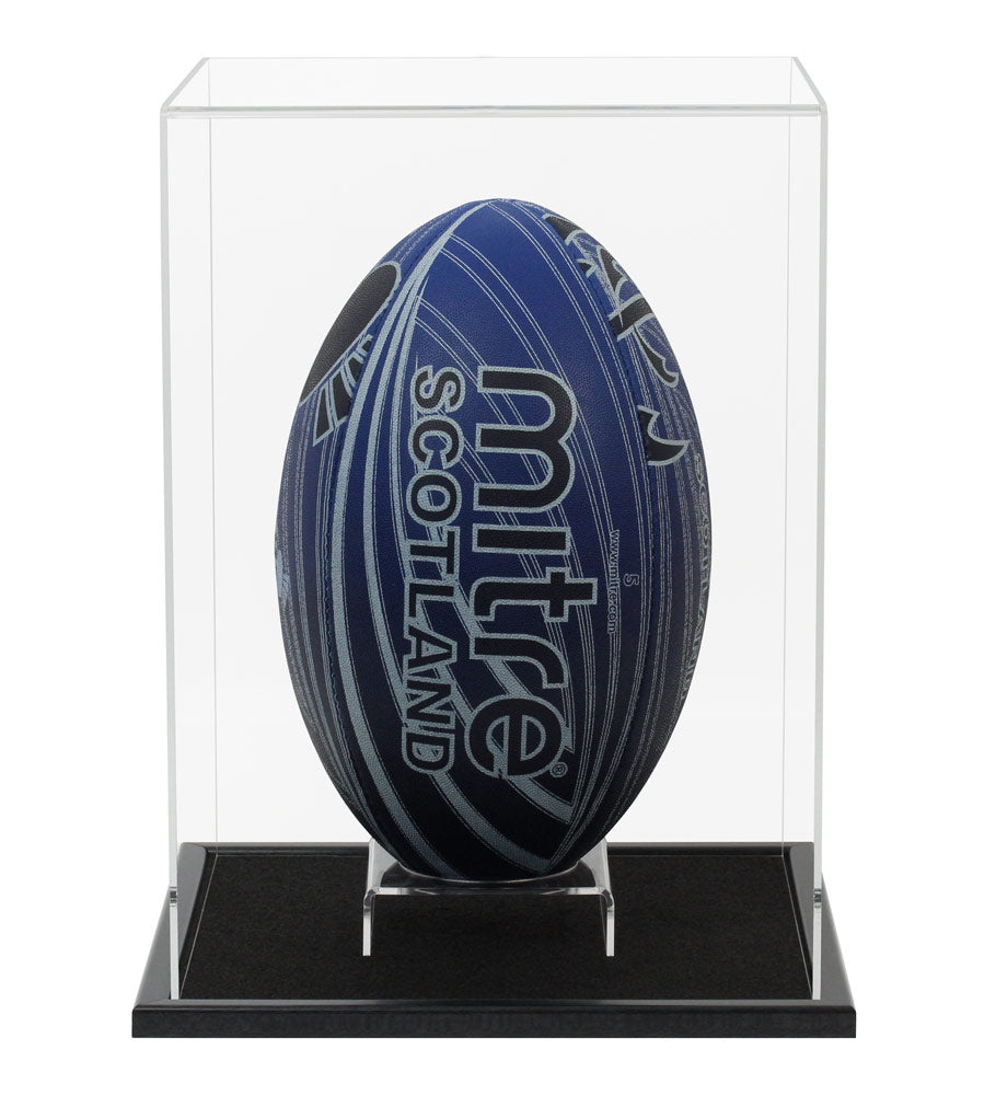 Clear Acrylic Display Cover on a Black Wooden Base with a white background, There is a blue rugby ball inside the display case on an acrylic rugby ball stand.